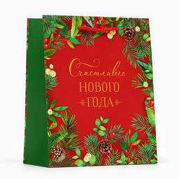 Цена за 2 шт. Пакет подарочный новогодний ламинированный «Счастливого Нового года», на красном, 18×22.3×10 см