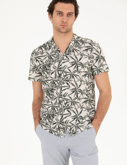 Рубашка из смесового льна хаки с короткими рукавами стандартного кроя - Cacharel фото 3