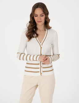 Ekru Slim Fit _izgili Triko H_rka