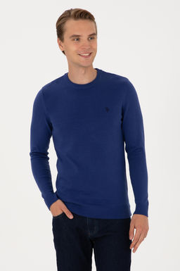 Erkek Slim Fit Bisiklet Yaka _ndigo Basic Kazak