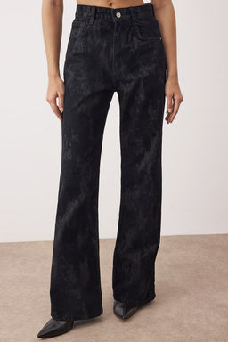 Siyah Siyah Suet Gorunumlu Flok Bask?l? Yuksek Bel Wide Leg Jeans Yuksek Bel Jeans TWOAW26JE00309 - Trendyolmilla фото 3