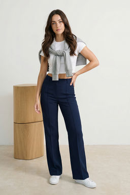 Lacivert Straight/Duz Kesim Yuksek Bel Nervur Dikisli Dokuma Pantolon TWOSS21PL0093