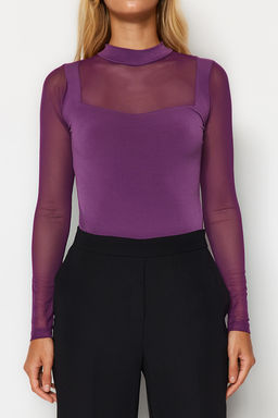 TRENDYOLMILLA Siyah Slim Tul Detayl? Uzun Kollu Dik Yaka Alttan C?tc?tl?Esnek Orme Body TWOAW24BD00049  фото 5