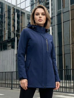 Парка женская софтшелл виндстоппер удлинённая с капюшоном темно-синего цвета 9618_1TS