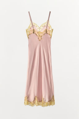 VESTIDO MIDI SATINADO ENCAJE / Rosa