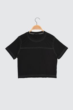 TRENDYOLMILLA Siyah %100 Pamuklu Crop Bisiklet Yaka Orme Spor T-Shirt TWOSS21TS0770 фото 6
