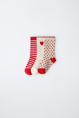PACK TRES CALCETINES MEDIOS CORAZONES Y RAYAS / Rojo