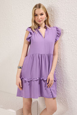 Lila Duz Rahat Kesim Volanl? / F?rf?rl? Mini Dokuma Elbise TWOSS25EL00427