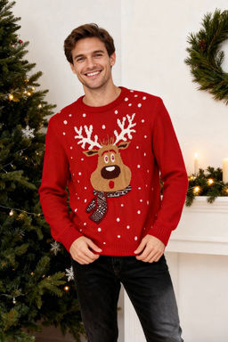 TRENDYOL MAN K?rm?z? Unisex Regular Fit Yunlu Bisiklet Yaka Geyik Desenli Christmas Triko Kazak TMNAW23KZ00224 - Trendyolmilla фото 9