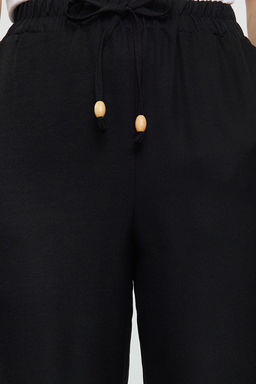 Siyah Straight/Duz Kesim Beli Lastikli Bagc?kl? Keten Gorunumlu Dokuma Pantolon TWOSS24PL00056 - Trendyolmilla фото 4