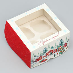 Цена за 5 шт. Коробка складная на 4 капкейка с окном «С Новым годом!», 16×16×10 см