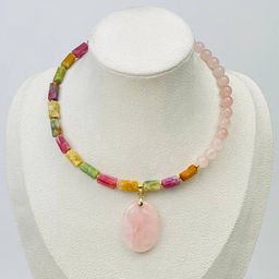 Колье из Турмалина микс и Розового кварца 38 см +