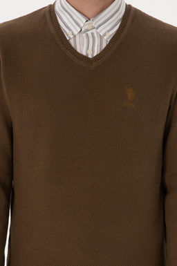 Erkek Slim Fit V Yaka Haki Basic Kazak