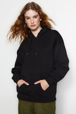 Siyah Kal?n Ici Polarl? Oversize/Genis Kal?p Kapusonlu Basic Orme Sweatshirt TWOAW24SW00103