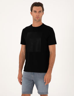 Siyah Regular Fit Bask_l_ Bisiklet Yaka T-shirt