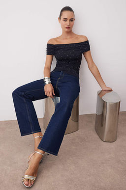 Siyah Tas Bask?l? Carmen Yaka Orme Sandy Party Bluz TPRSS25BZ00055 - Trendyolmilla фото 2