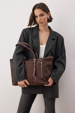 Kahverengi Cift Ask?l? Buyuk Maxi Tote Kad?n Omuz Cantas? TAKAW26OC00073