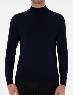 Lacivert Slim Fit Y_n Kar___ml_ Yar_m Bal_k__ Yaka Basic Triko Kazak