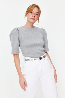 Gri Melanj Balon Kollu Bisiklet Yaka Fitilli Esnek Orme Bluz TWOSS24BZ00160