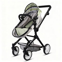 Коляская кукольная металлическая, прогулочная, с корзиной, серо-зеленая