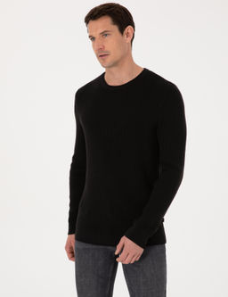 Siyah Slim Fit Pamuk Kar___ml_ Bisiklet Yaka Triko Kazak