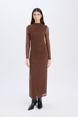 Bodycon Vucudu Saran Yar?m Bal?kc? Yaka Tul Uzun Kollu Maxi Elbise