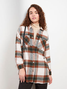 Ekose Uzun Kollu Oversize Gabardin Kad?n Oduncu G?mlek Ceket