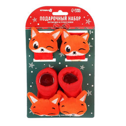 Подарочный набор новогодний «Лисички», браслеты - погремушки, носочки - погремушки, красный, Крошка Я