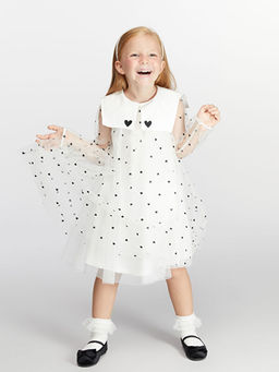 T?ll? Kalp Bask?l? K?z ?ocuk Elbise