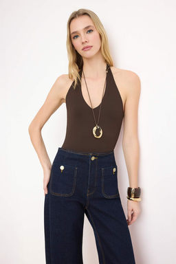 Kahverengi Vucuda Oturan Havuz Yaka S?rt Dekolteli C?tc?tl? Poliamid Orme Body TWOSS26BD00011