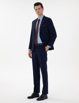 Lacivert Slim Fit Y_n Keten Kar___ml_ Tak_m Elbise
