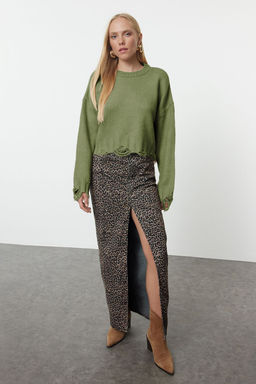 Haki Crop Genis Kal?p Yumusak Dokulu Ak?tma Detayl? Triko Kazak TWOAW24KZ00319