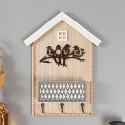 Ключница настенная Домик - птички на ветке, крючки декоративные, дерево, бежевая, 4.5?25?34 см