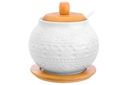 Сахарница Elan Gallery Белое кружево 620 мл с ложкой и деревянной крышкой на подставке