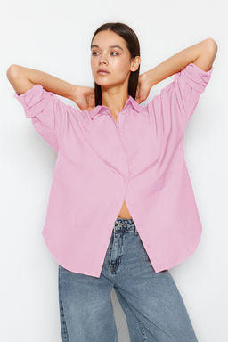Pembe Pamuklu Oversize Genis Kal?p Dokuma Gomlek TWOSS22GO0669