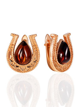 Позолоченные серьги-талисман Подкова с натуральным янтарём