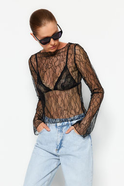 Siyah Regular Fit Kay?k Yaka Dantel Esnek Orme Bluz TWOSS23BZ00795