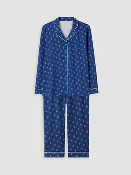 G?mlek Yaka Bask?l? Kad?n Pijama Tak?m?