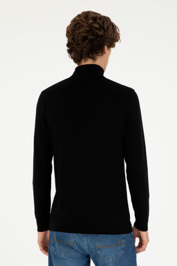 Erkek Slim Fit Yar_m Bo_azl_ Siyah Basic Kazak