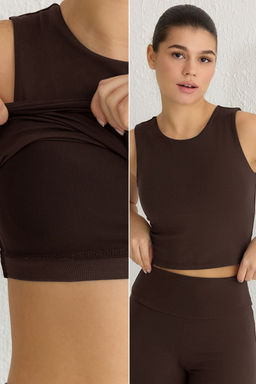 Kahverengi F?rcal? Soft Kumas 2 Katl? Ici Pedli Spor Sutyenli Orme Ust/Bluz THMSS25BZ00001