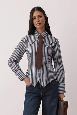 Kahverengi Mavi Cizgili Kravatl? Hafif Bele Oturan Gomlek TWOAW26GO00133