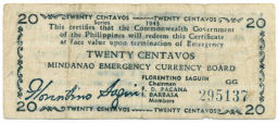 Банкнота 20 сентаво 1943 года Филиппины (Минданао, Администрация США)