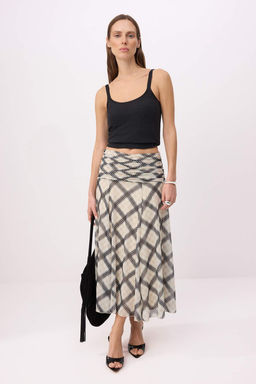 Ekru Maxi Buzgu/Drape Detayl? Boho/Boho Chic Baskl?l? Tul Esnek Orme Etek TWOAW26ET00122