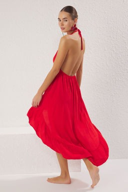 K?rm?z? Dokuma Volanl? Plaj Mini Elbise TBESS25EL00094 - Trendyolmilla фото 2