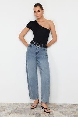 Siyah Fitted/Vucuda Oturan Asimetrik Yaka Tek Kol C?tc?tl? Esnek Orme Body TWOSS24BD00028