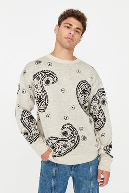 Trendyolmilla Man Bej Oversize Sal Desenli Bisiklet Yaka Triko Kazak TMNAW23KZ00104  фото 2