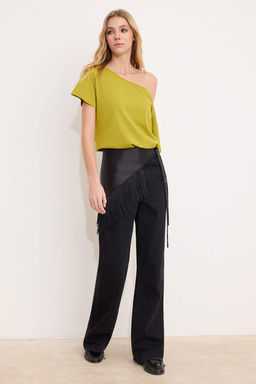 Yag Yesili %100 Pamuk Oversize/Genis Kal?p Kay?k Yaka Orme T-Shirt TWOSS20TS0140