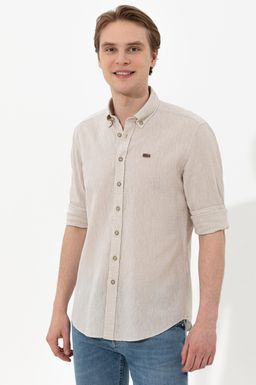 U. S. Polo Assn / Мужская рубашка цвета хаки с воротником на пуговицах и длинным рукавом - U.s. polo assn фото 3
