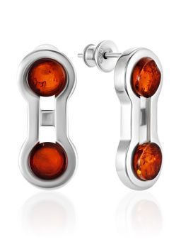 Стильные геометричные серьги-гвоздики с натуральным янтарём London