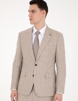 Bej Slim Fit Y_n Keten Kar___ml_ _izgili Tak_m Elbise